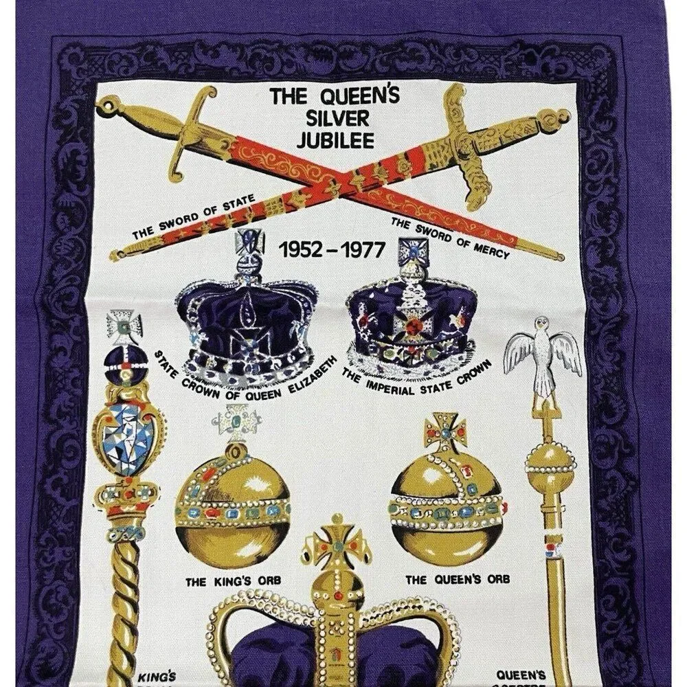Vintage 1977 Lamont The Queen's Silver Jubilee Purple Cotton Tea Towel 29 x 14